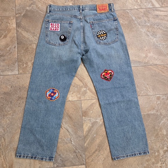 Levi's 555 Jeans W36‎ L30 Custom Patches Light Wash Denim Menswear - Picture 7 of 11